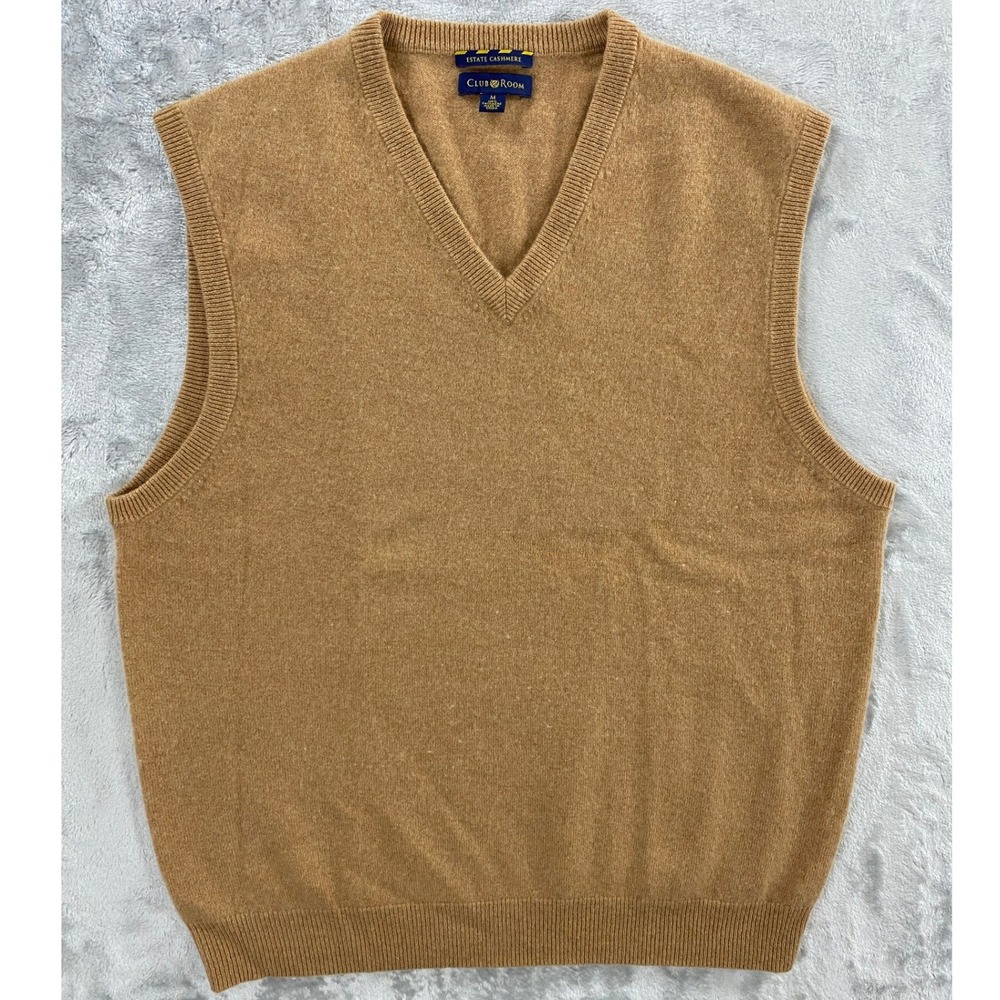 Club Room Estate 100% Cashmere Sweater Vest Men M Tan VNeck Luxury Knit Layering